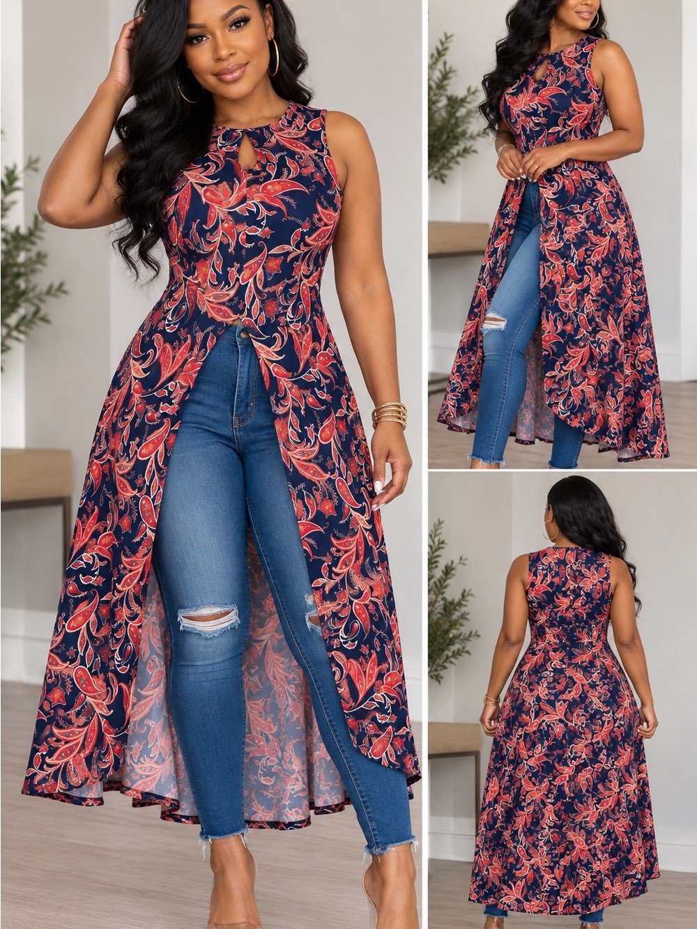 Ashley Stewart Navy and Coral Floral High-Low Tunic